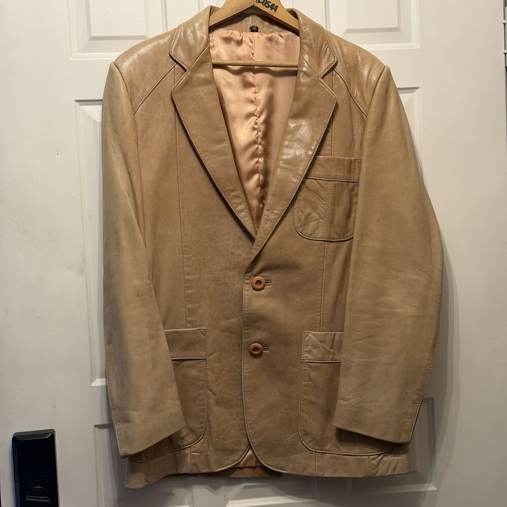 Fantastic International Leather Blazer Mens 38 Tan Brown Vintage Korea Jacket